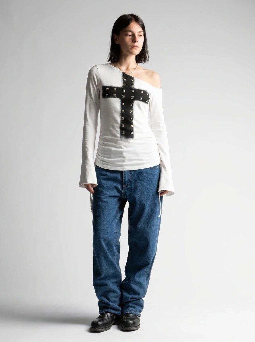 Y2K Off-Shoulder Top Metal Cross Rivet Design White Gothic — Riot Metal Cross Rivet