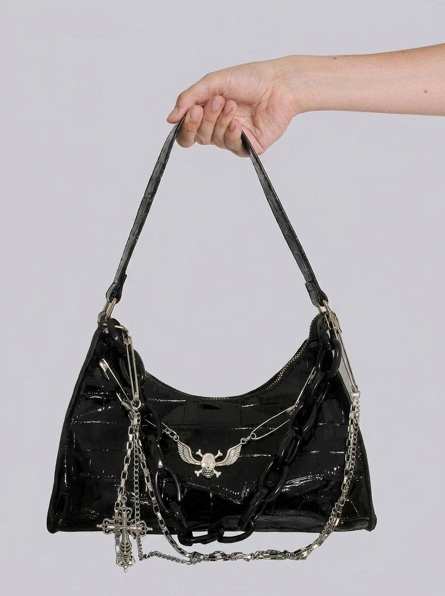 Riot Croc Pattern Chain Underarm Shoulder Bag in Black