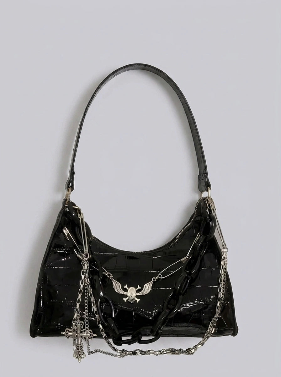 Riot Croc Pattern Chain Underarm Shoulder Bag in Black