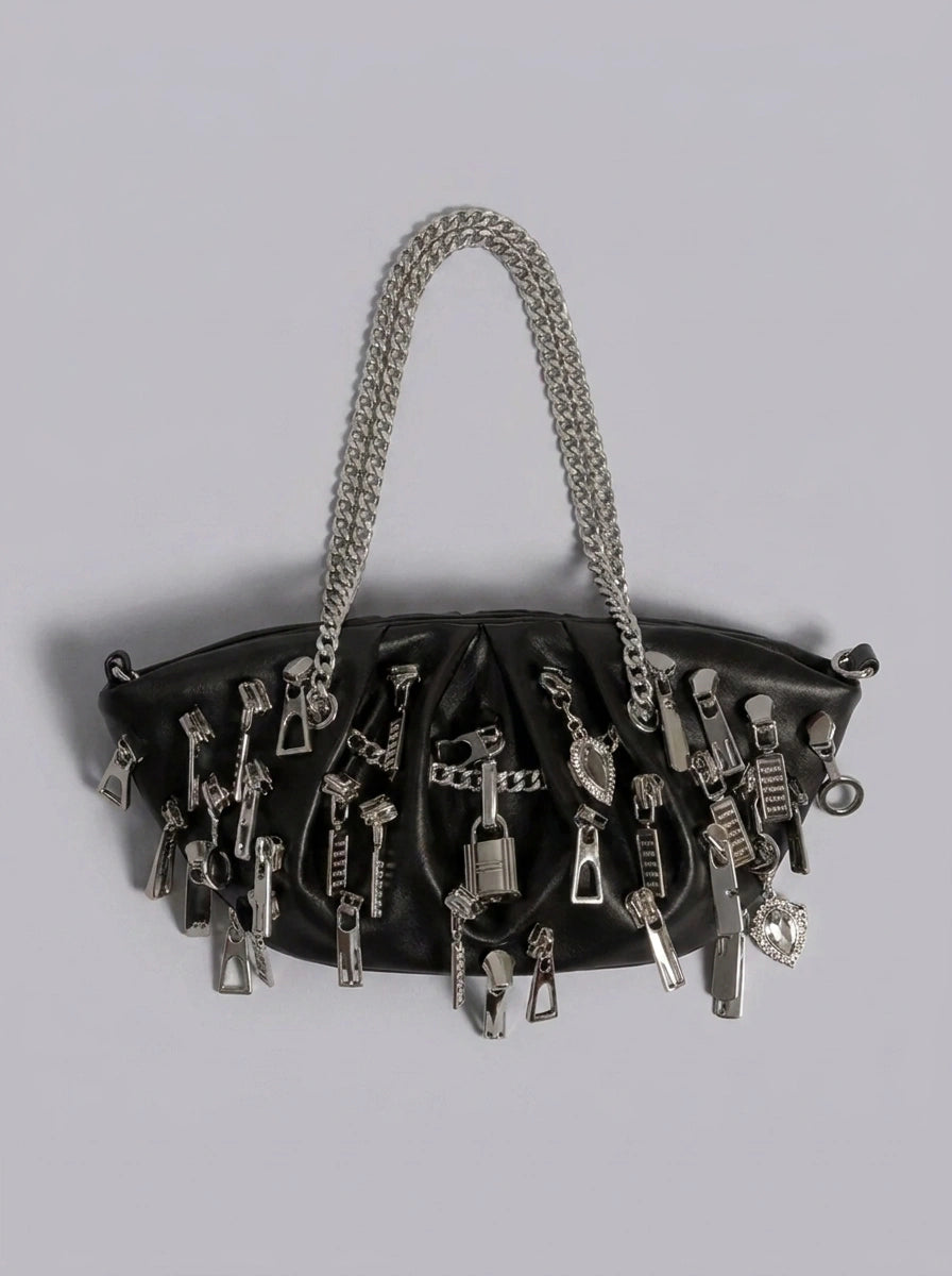 Riot Multi-Zipper Ruched Dumpling Chain Bag in Black