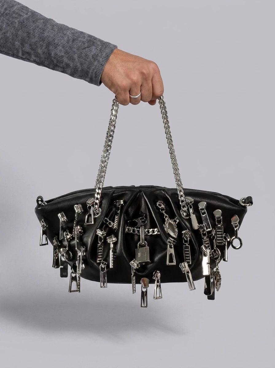 Riot Multi-Zipper Ruched Dumpling Chain Bag in Black