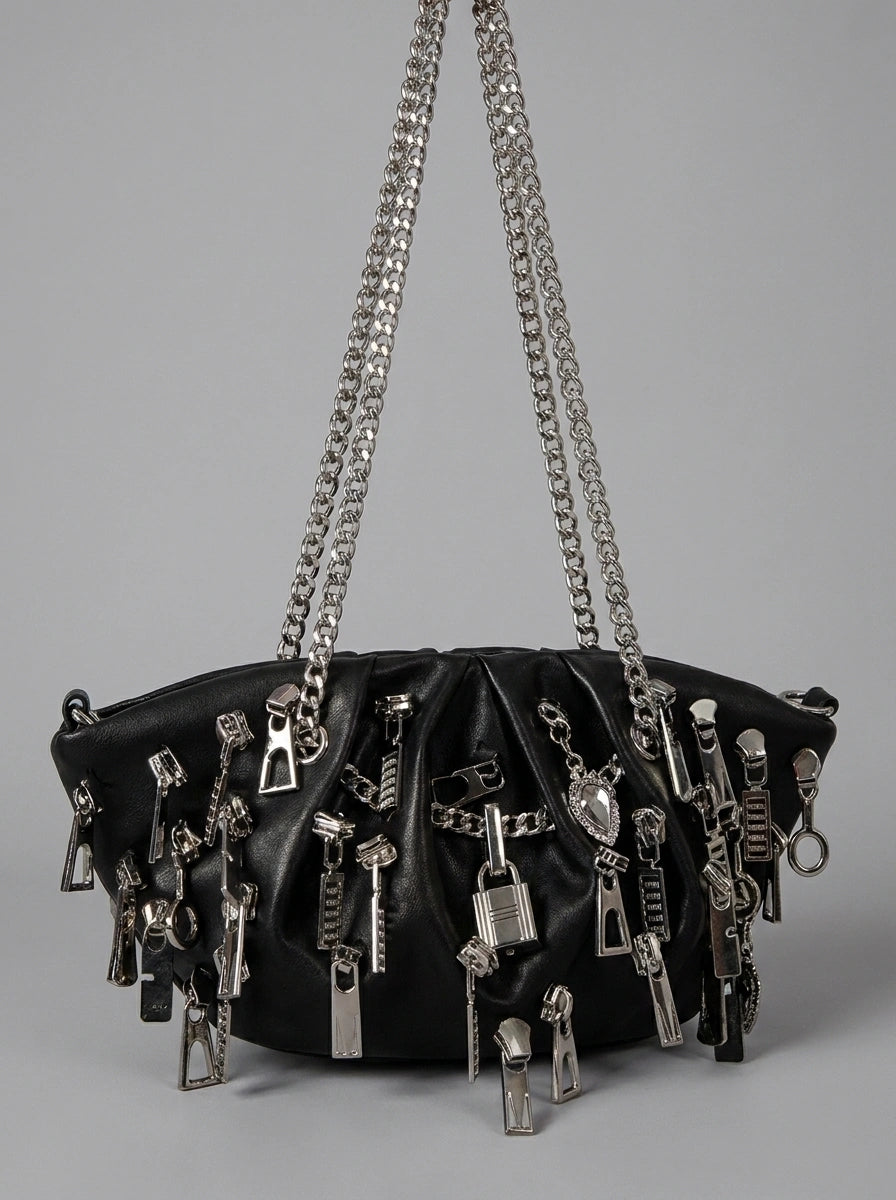 Riot Multi-Zipper Ruched Dumpling Chain Bag in Black