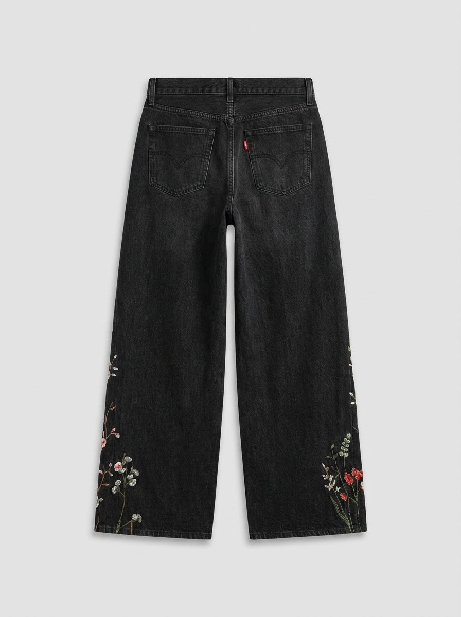 Midnight Bloom Floral Embroidered Baggy Jeans in Black Wash
