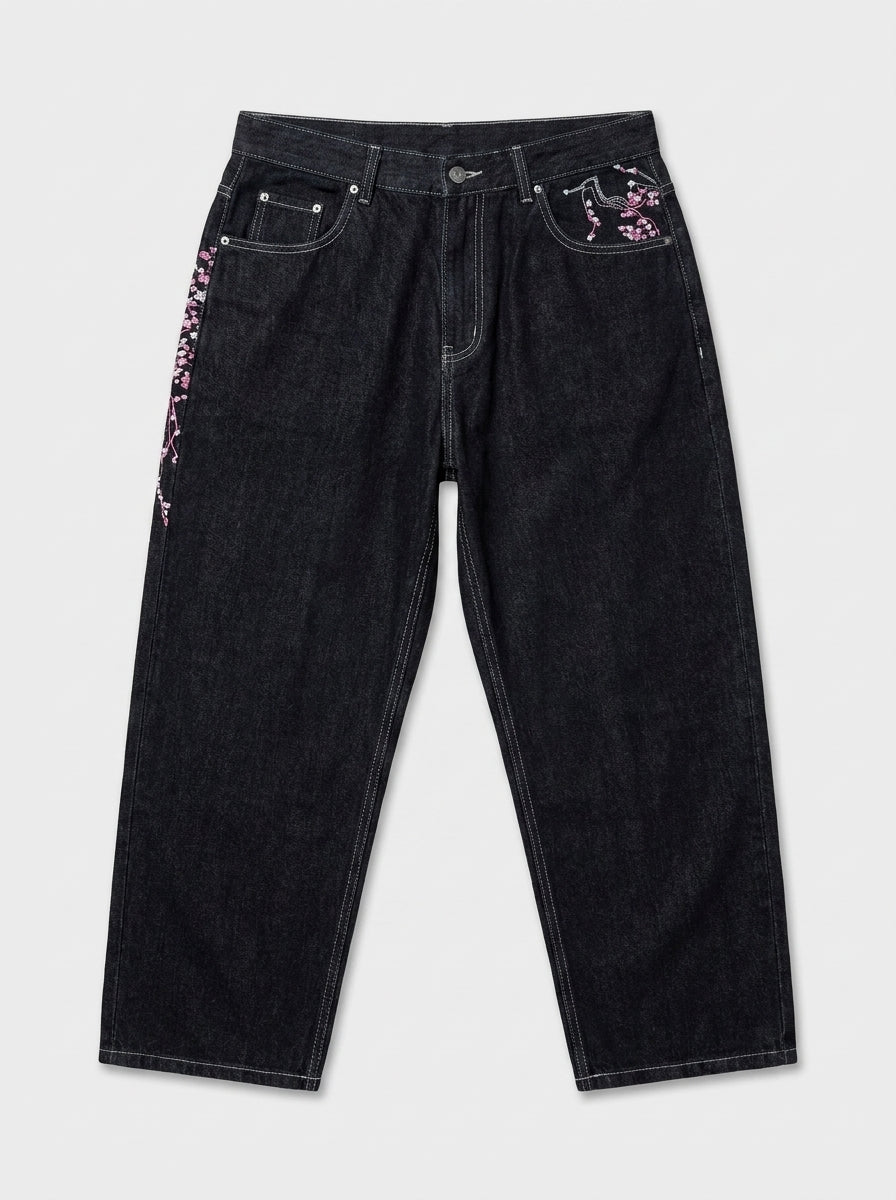 Sakura Cherry Blossom Embroidered Baggy Jeans in Black Wash