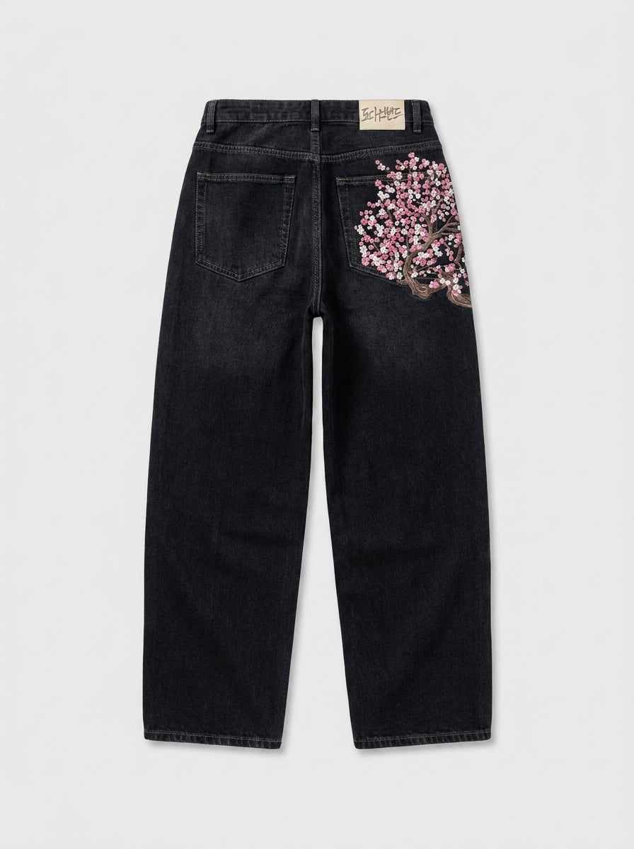 Sakura Cherry Blossom Embroidered Baggy Jeans in Black Wash