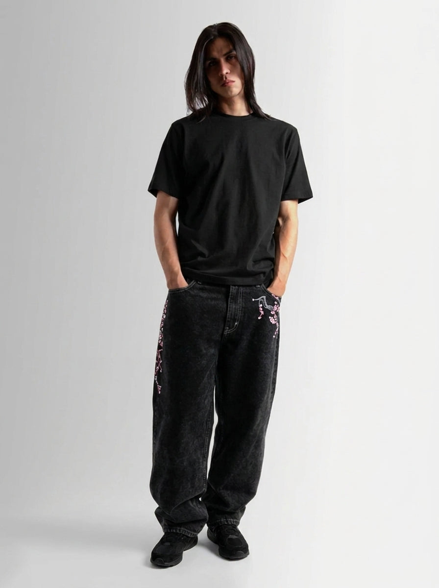 Sakura Cherry Blossom Embroidered Baggy Jeans in Black Wash
