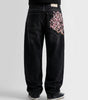 Sakura Cherry Blossom Embroidered Baggy Jeans in Black Wash