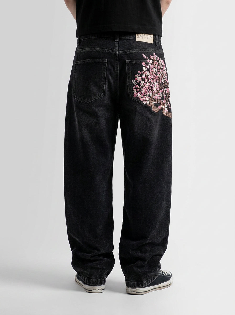 Sakura Cherry Blossom Embroidered Baggy Jeans in Black Wash