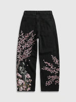 Sakura Chaos Cherry Blossom Embroidered Straight Leg Jeans in Washed Light Blue