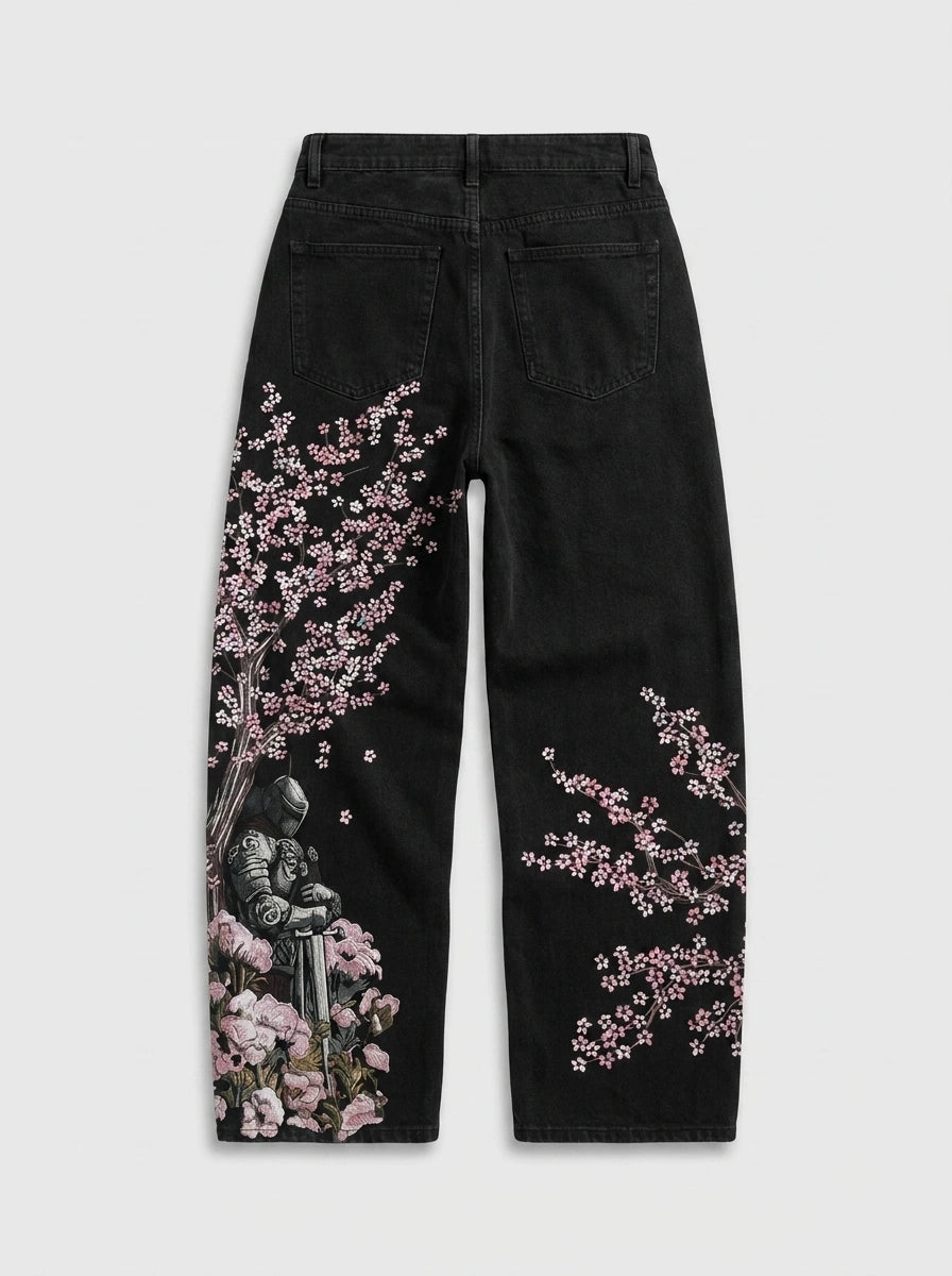 Sakura Chaos Cherry Blossom Embroidered Straight Leg Jeans in Washed Light Blue