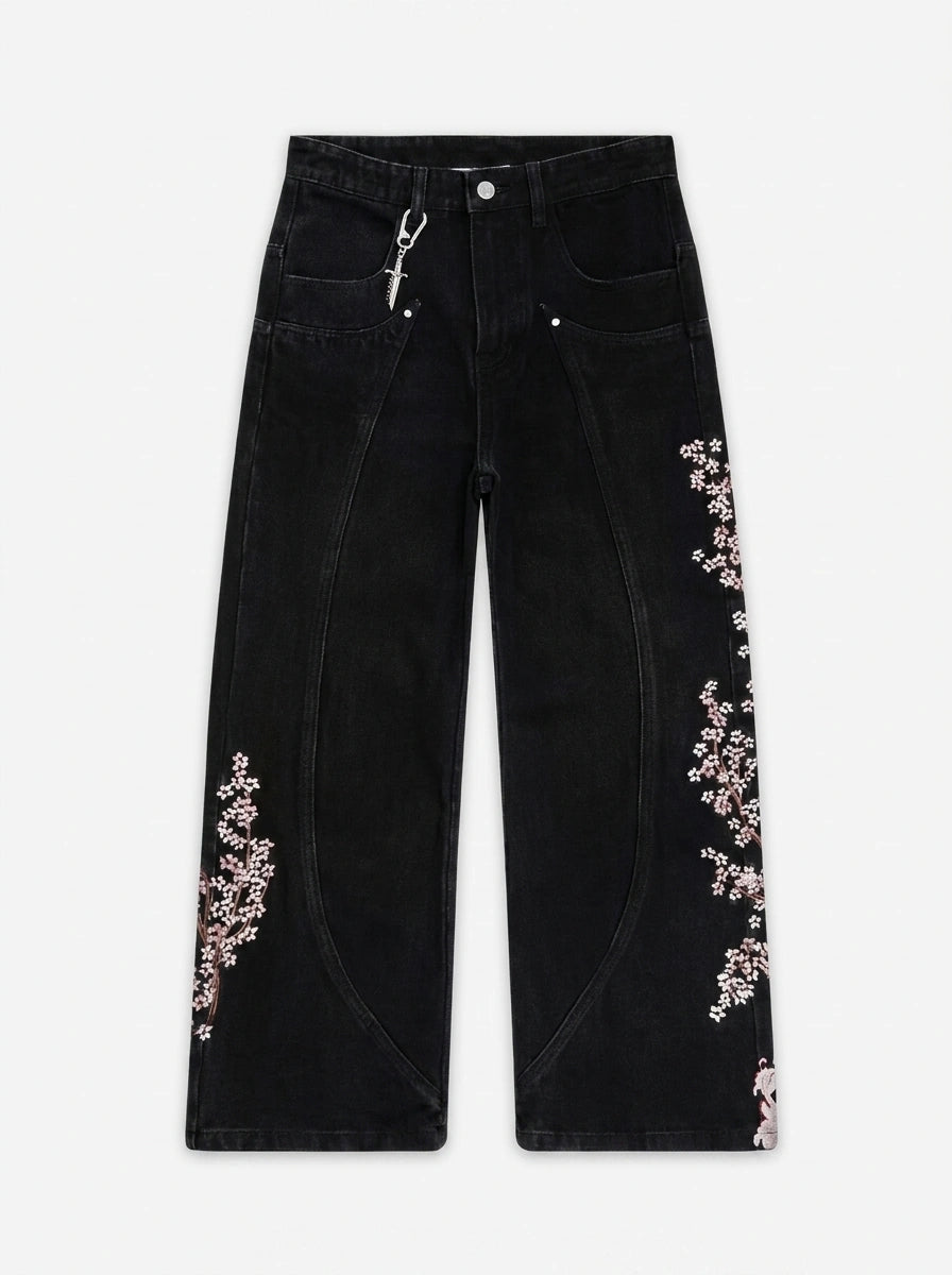 Sakura Chaos Cherry Blossom Embroidered Straight Leg Jeans in Washed Light Blue