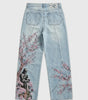 Sakura Chaos Cherry Blossom Embroidered Straight Leg Jeans in Washed Light Blue