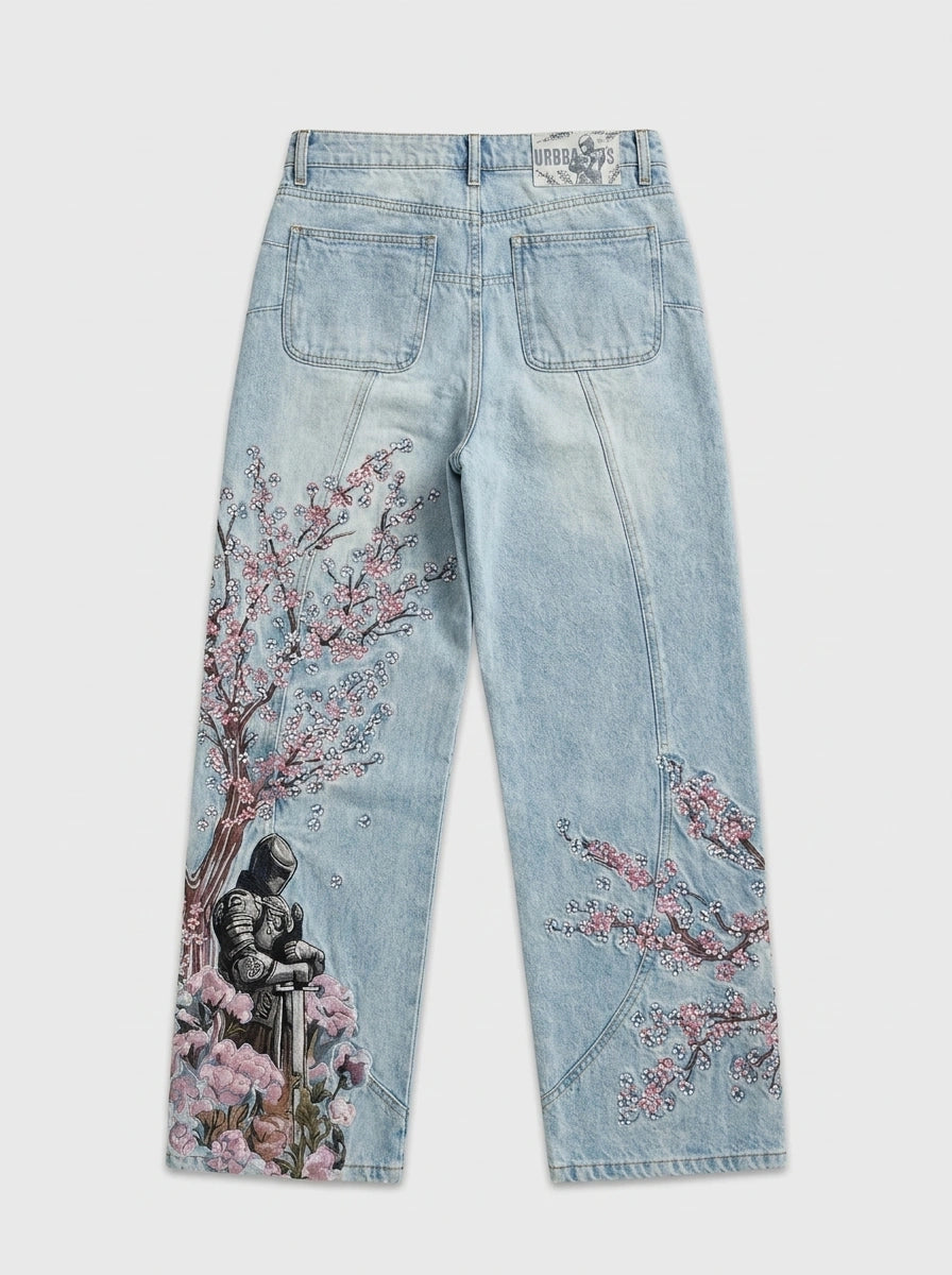 Sakura Chaos Cherry Blossom Embroidered Straight Leg Jeans in Washed Light Blue