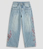 Sakura Chaos Cherry Blossom Embroidered Straight Leg Jeans in Washed Light Blue