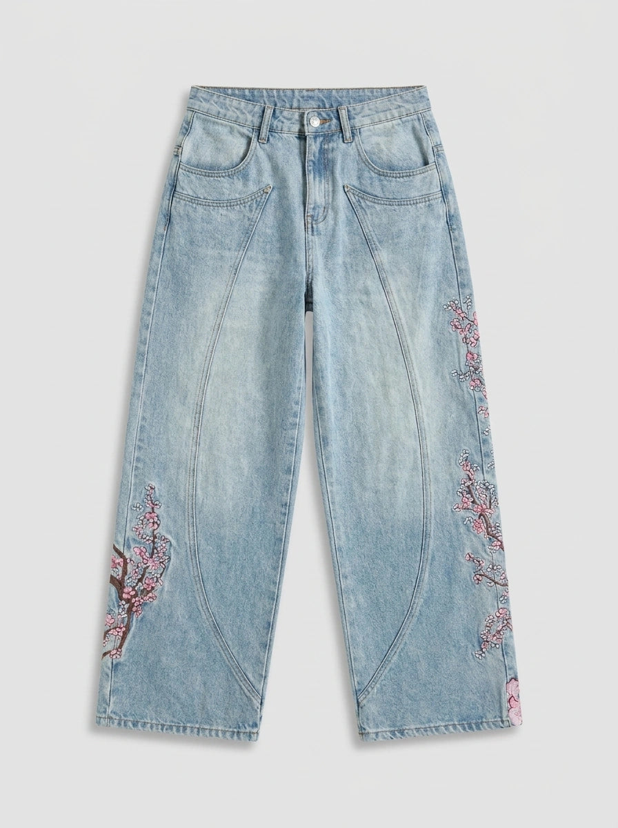 Sakura Chaos Cherry Blossom Embroidered Straight Leg Jeans in Washed Light Blue