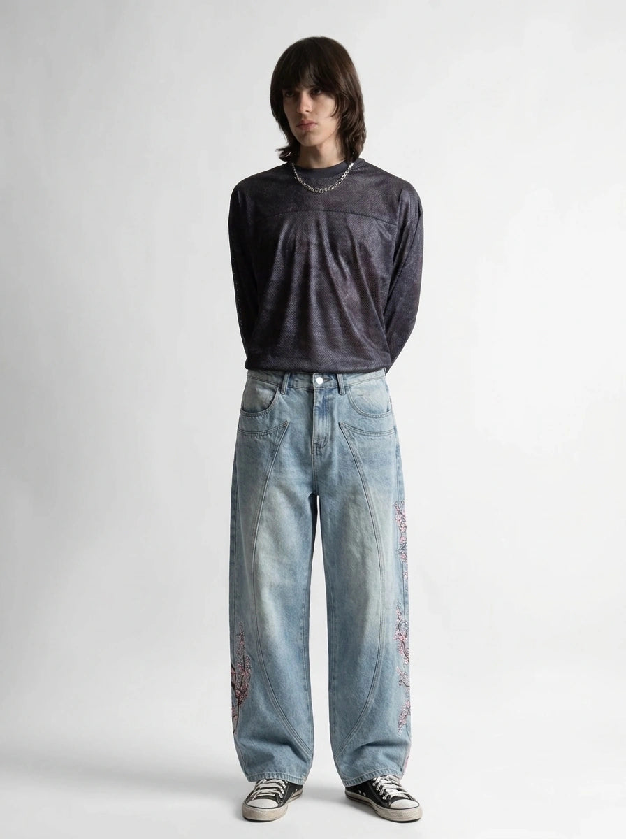 Sakura Chaos Cherry Blossom Embroidered Straight Leg Jeans in Washed Light Blue