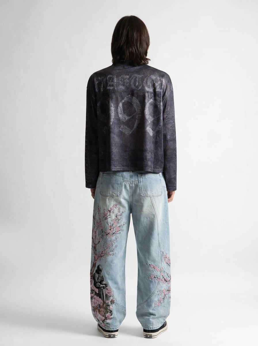 Sakura Chaos Cherry Blossom Embroidered Straight Leg Jeans in Washed Light Blue