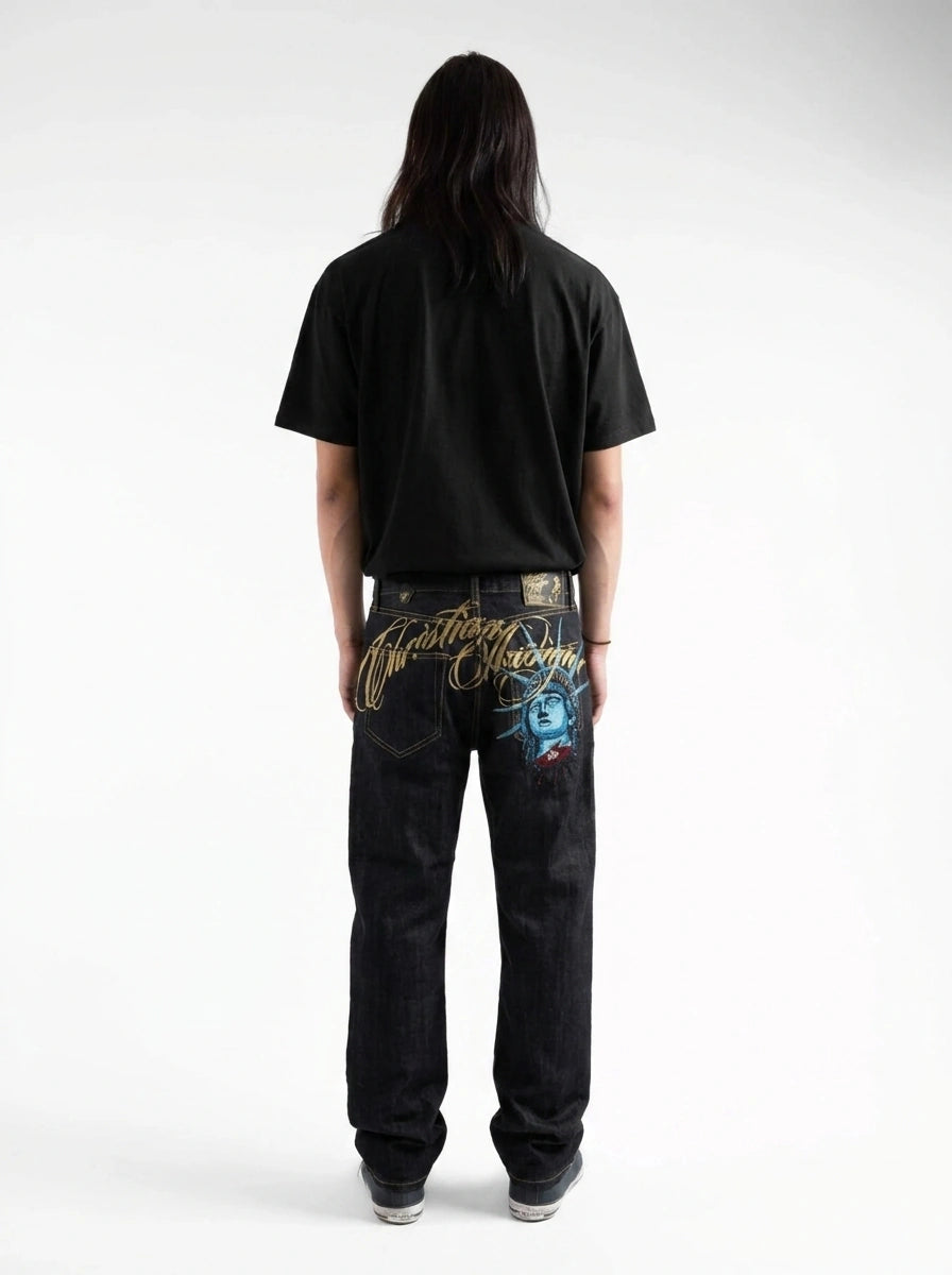 Phantom Liberty Statue Graphic Wide Leg Jeans in Dark Black Wash