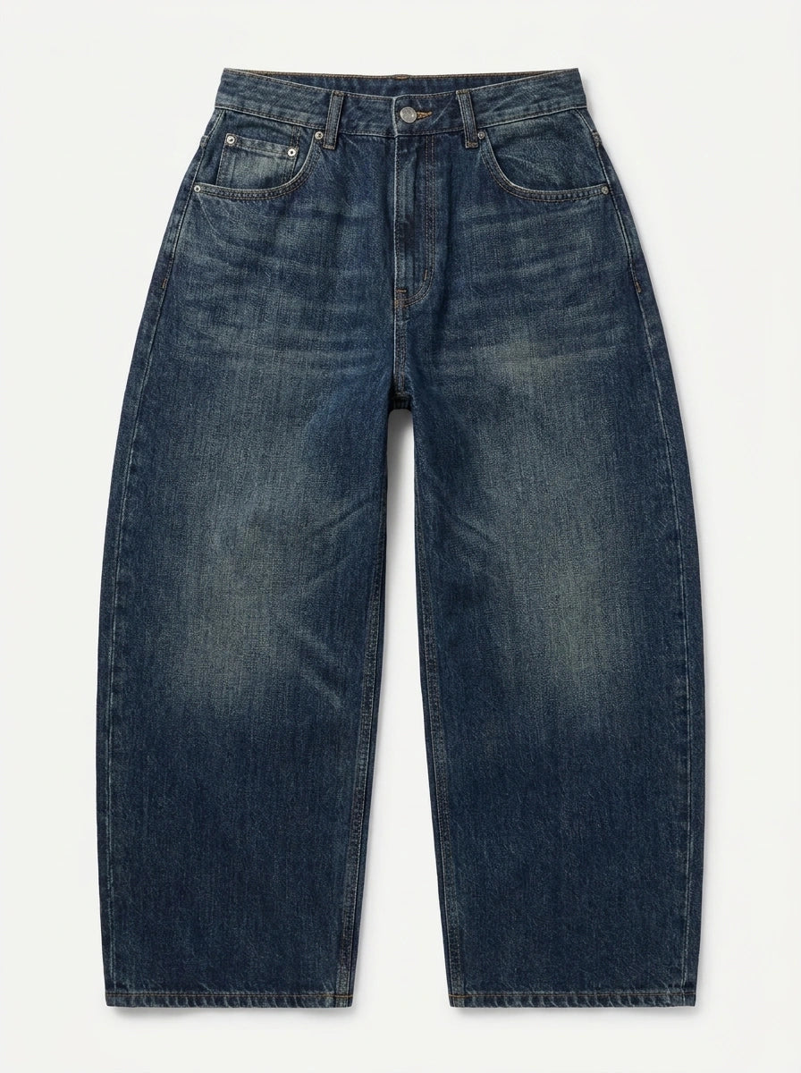 Sakura Floral Embroidered Baggy Jeans in Dark Blue Wash