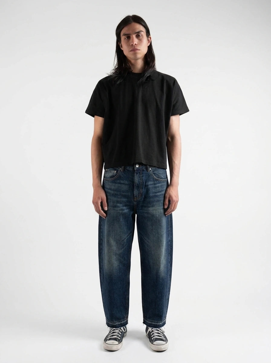 Sakura Floral Embroidered Baggy Jeans in Dark Blue Wash