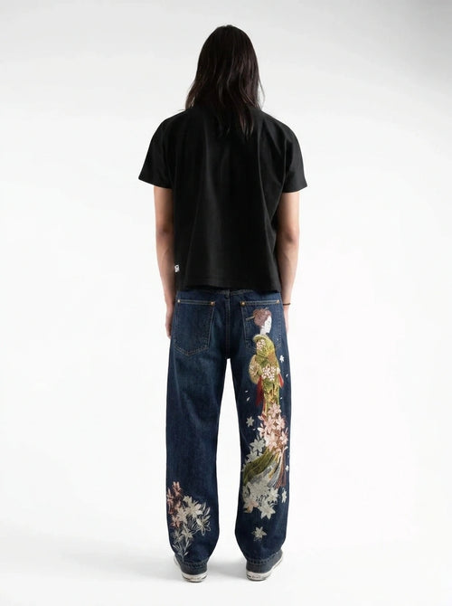 Y2K Baggy Jeans Floral Embroidered Print Dark Blue Wash Streetwear — Sakura