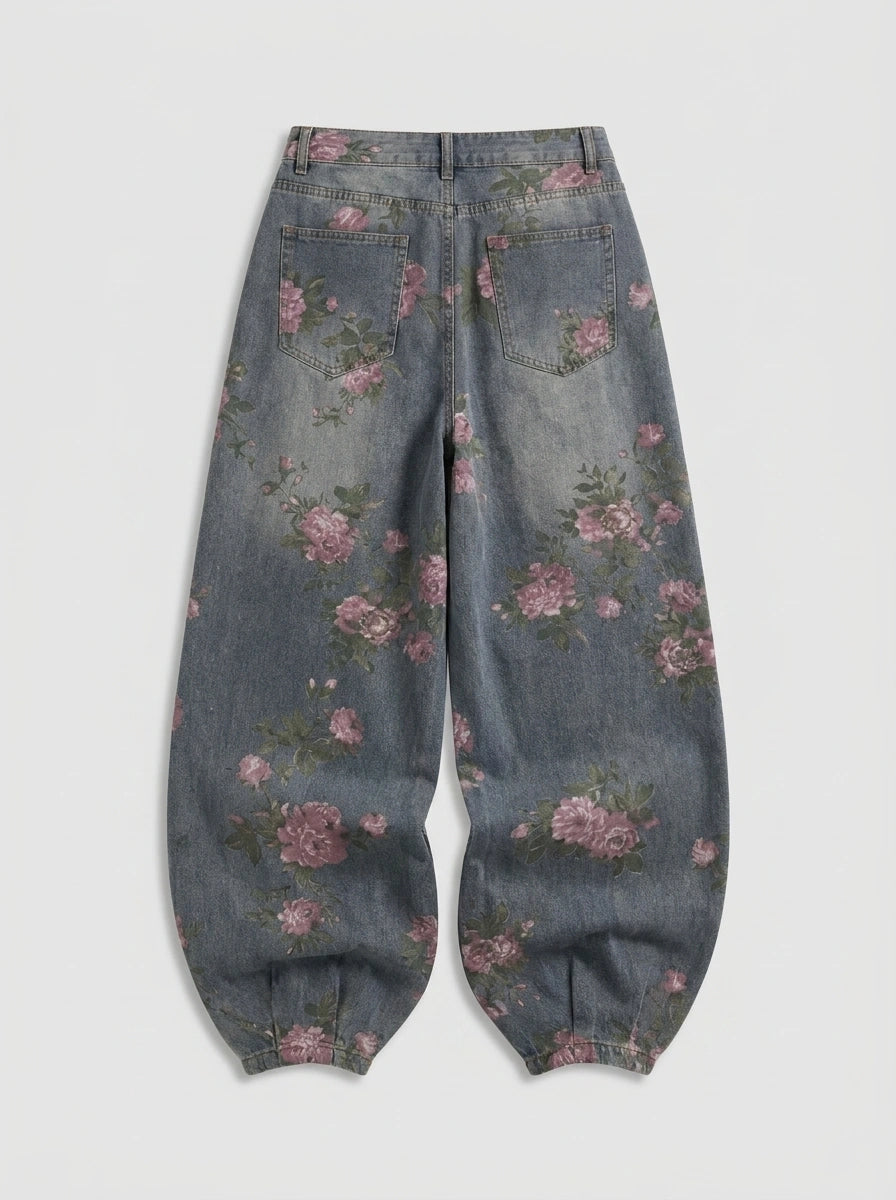 Sakura Bloom Floral Print Baggy Jeans in Washed Blue