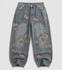 Sakura Bloom Floral Print Baggy Jeans in Washed Blue