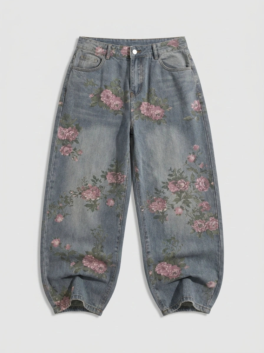 Sakura Bloom Floral Print Baggy Jeans in Washed Blue