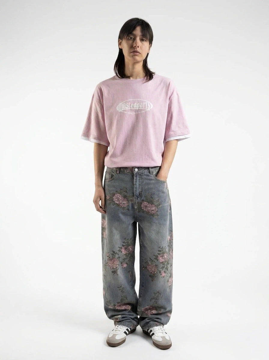Sakura Bloom Floral Print Baggy Jeans in Washed Blue