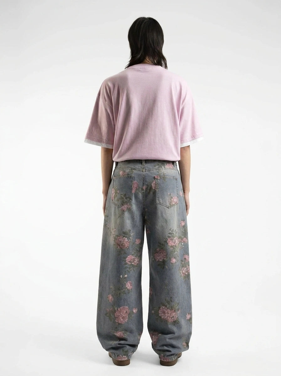 Sakura Bloom Floral Print Baggy Jeans in Washed Blue