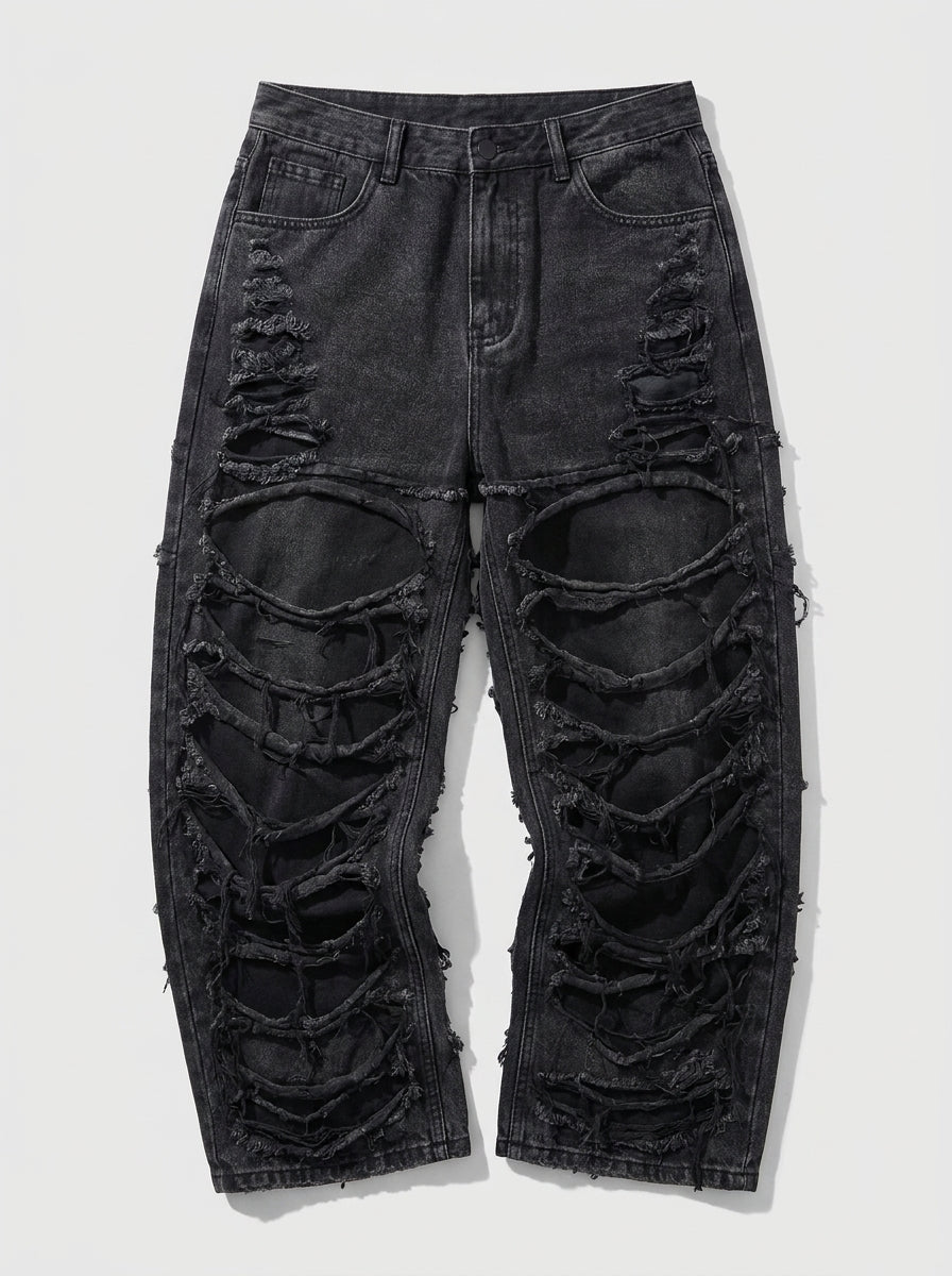 Riot Slash Distressed Baggy Jeans in Black Wash