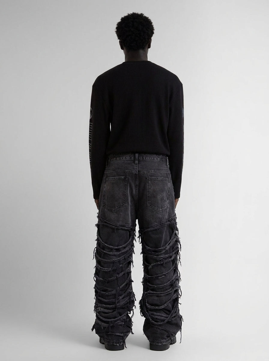 Riot Slash Distressed Baggy Jeans in Black Wash