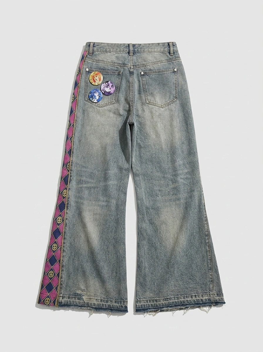Graphic Zip-Off Panel Wide Leg Jeans in Light Wash