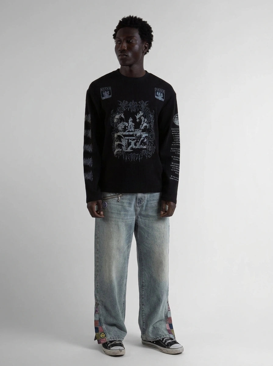 Graphic Zip-Off Panel Wide Leg Jeans in Light Wash