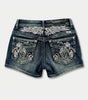 Y2K Low Waist Denim Shorts Wing Embroidered Print Washed Blue Streetwear — Riot Wing
