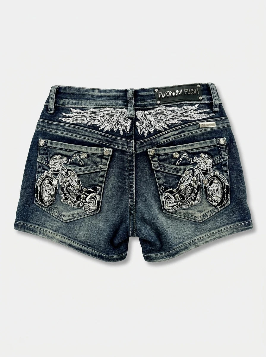 Y2K Low Waist Denim Shorts Wing Embroidered Print Washed Blue Streetwear — Riot Wing