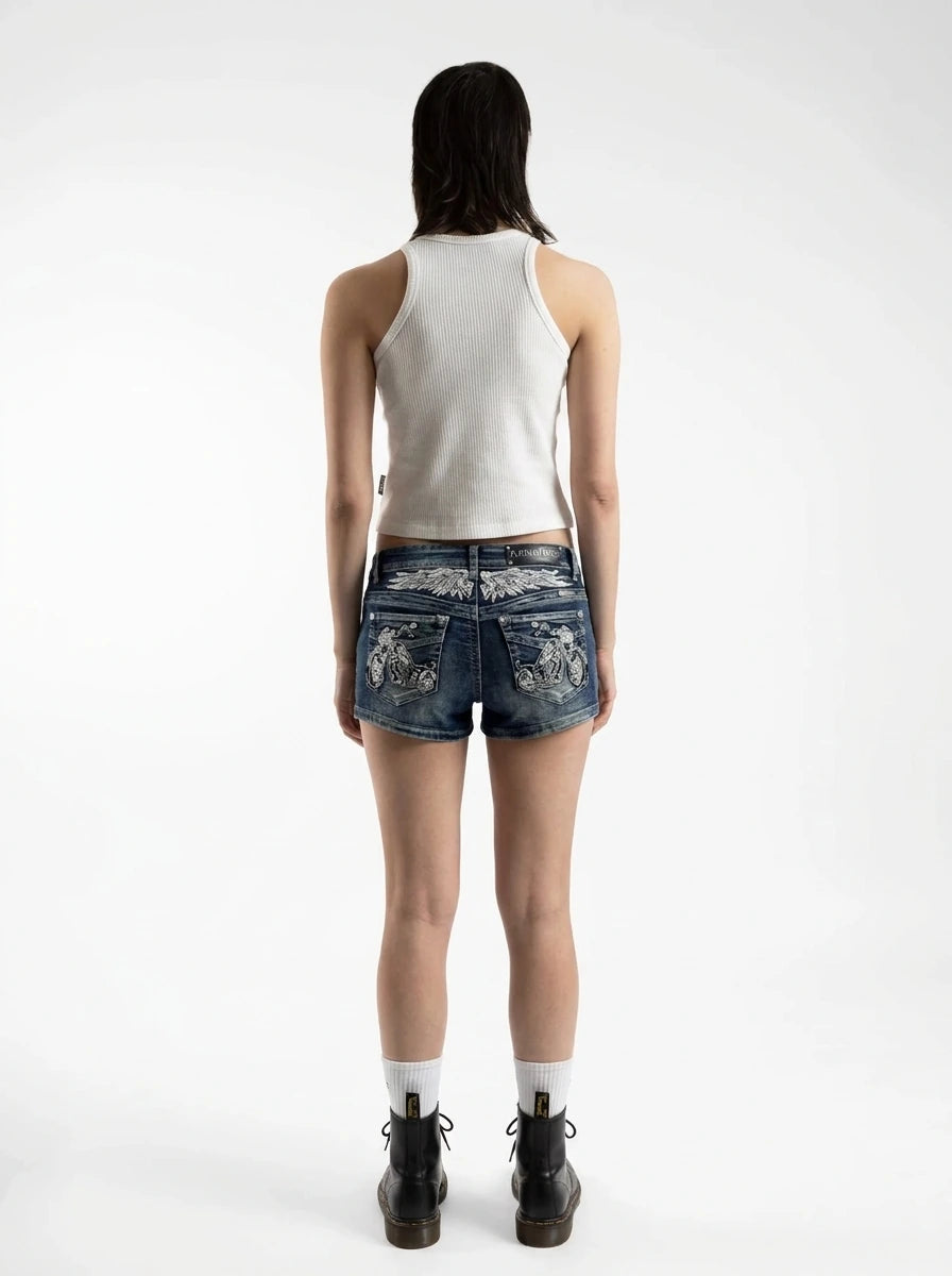 Y2K Low Waist Denim Shorts Wing Embroidered Print Washed Blue Streetwear — Riot Wing