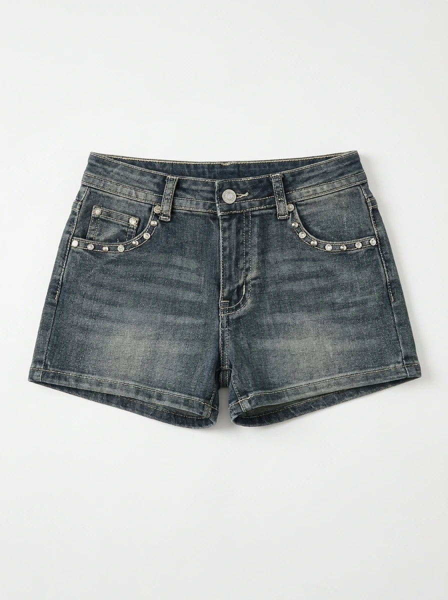 Y2K Low Waist Denim Shorts Wing Embroidered Print Washed Blue Streetwear — Riot Wing
