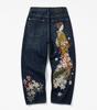 Sakura Floral Embroidered Baggy Jeans in Dark Blue Wash