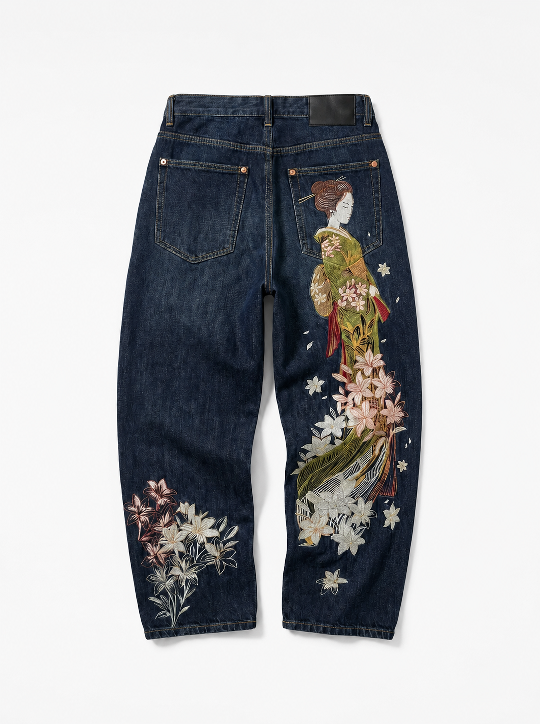 Sakura Floral Embroidered Baggy Jeans in Dark Blue Wash