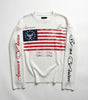 Y2K Oversized Long Sleeve Tee American Flag Graphic Script Sleeve White Streetwear — American Flag Script Sleeve