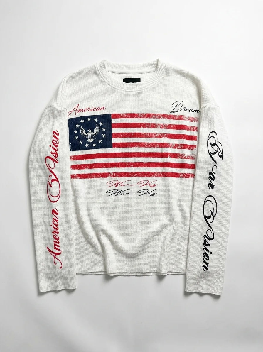 Y2K Oversized Long Sleeve Tee American Flag Graphic Script Sleeve White Streetwear — American Flag Script Sleeve