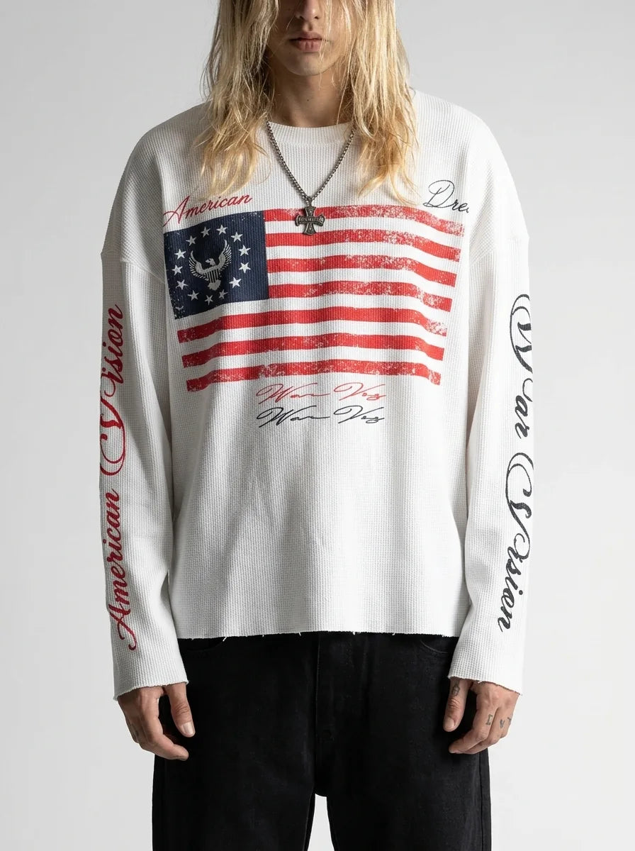 Y2K Oversized Long Sleeve Tee American Flag Graphic Script Sleeve White Streetwear — American Flag Script Sleeve
