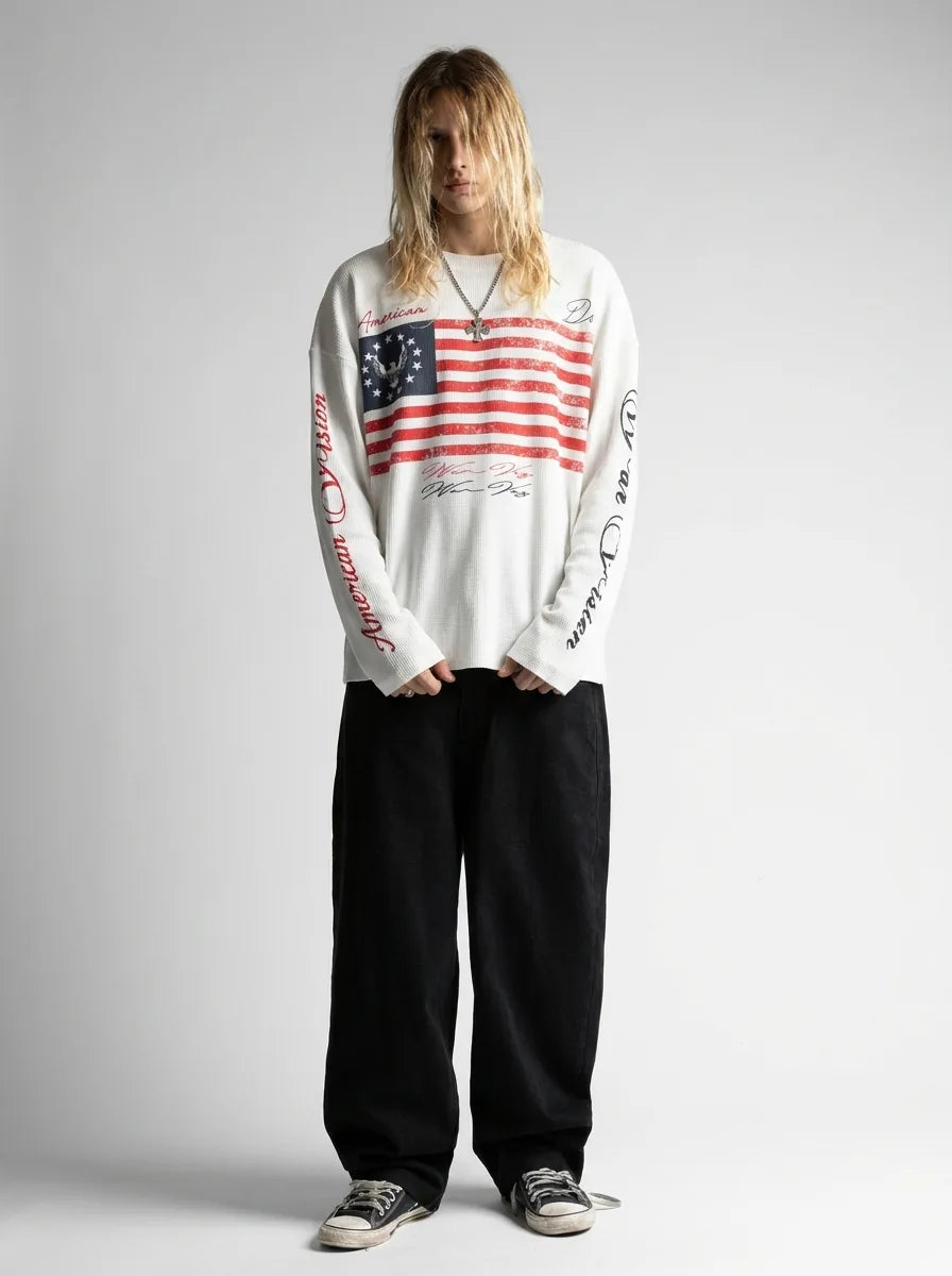 Y2K Oversized Long Sleeve Tee American Flag Graphic Script Sleeve White Streetwear — American Flag Script Sleeve