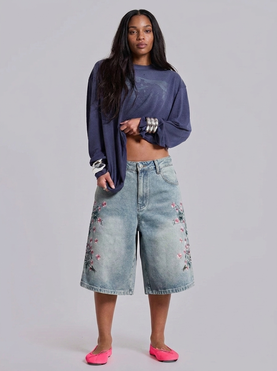 Blossom Trail Floral Embroidered Baggy Denim Jorts in Light Wash