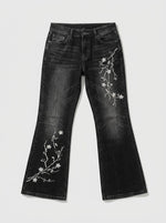 Midnight Blossom Floral Embroidered Low-Rise Flare Jeans in Washed Black