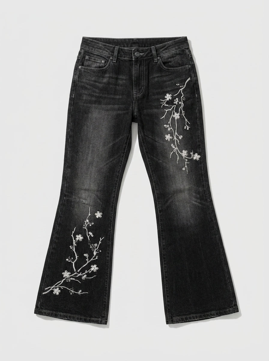 Midnight Blossom Floral Embroidered Low-Rise Flare Jeans in Washed Black