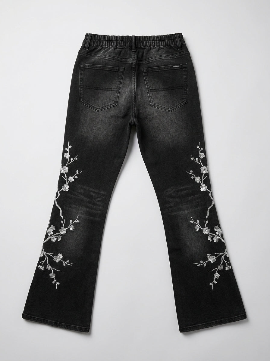 Midnight Blossom Floral Embroidered Low-Rise Flare Jeans in Washed Black