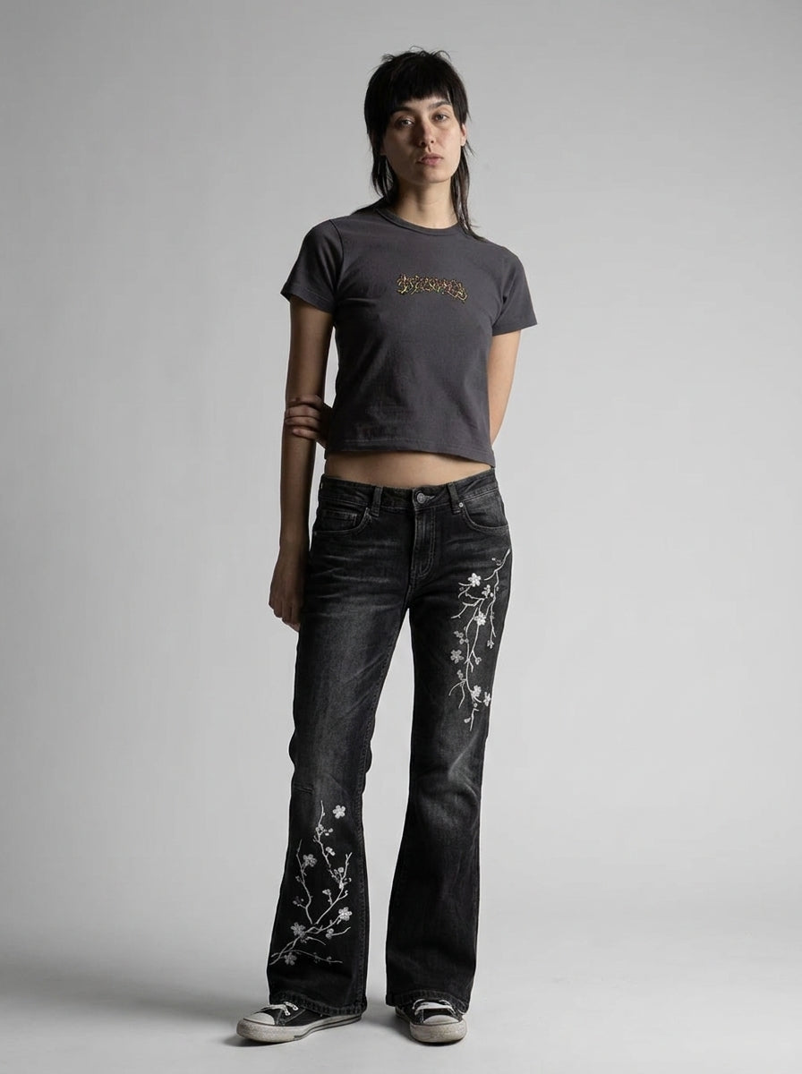 Midnight Blossom Floral Embroidered Low-Rise Flare Jeans in Washed Black