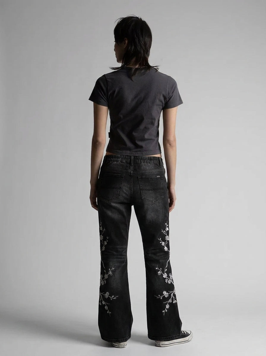 Midnight Blossom Floral Embroidered Low-Rise Flare Jeans in Washed Black